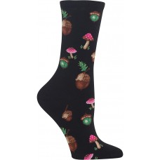 HOTSOX Womens Crew Socks Acorns and Mushrooms 1 Pair, Black, Womens 4-10 Shoe